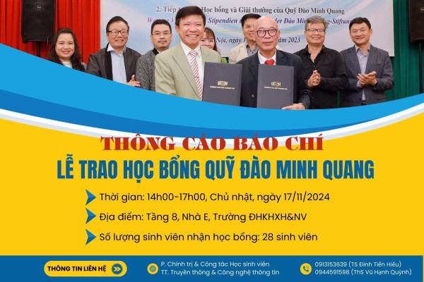 Thông cáo báo chí Lễ trao học bổng Quỹ Đào Minh Quang năm học 2024-2025 cho sinh viên VNU-USSH